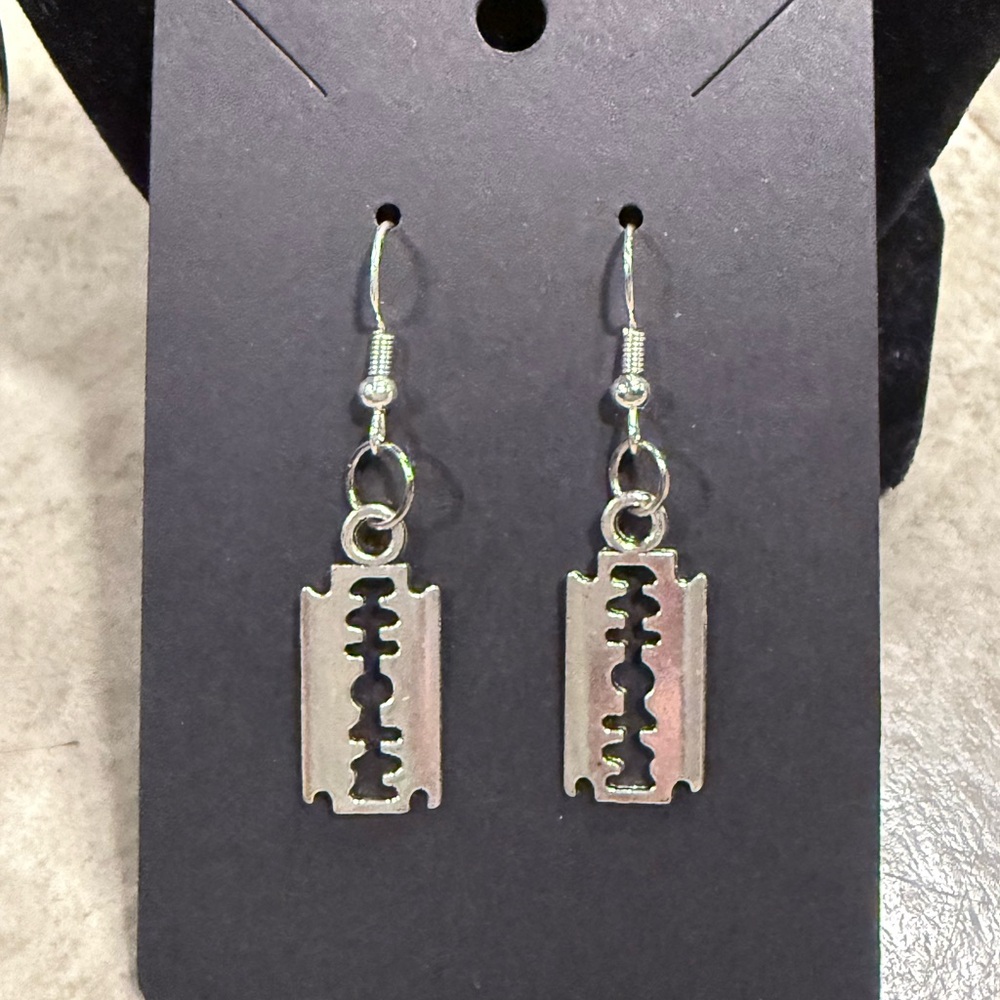 Silver Razor Blade Earrings - Picture 2 of 3